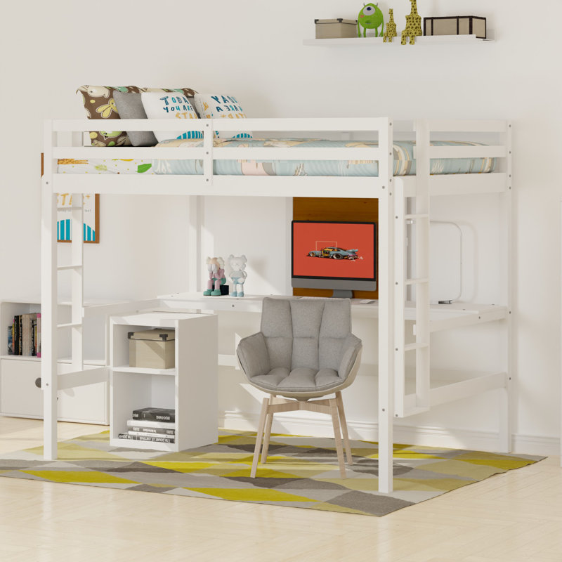 Lit mezzanine double avec bureau intégré Gleich, Blanc