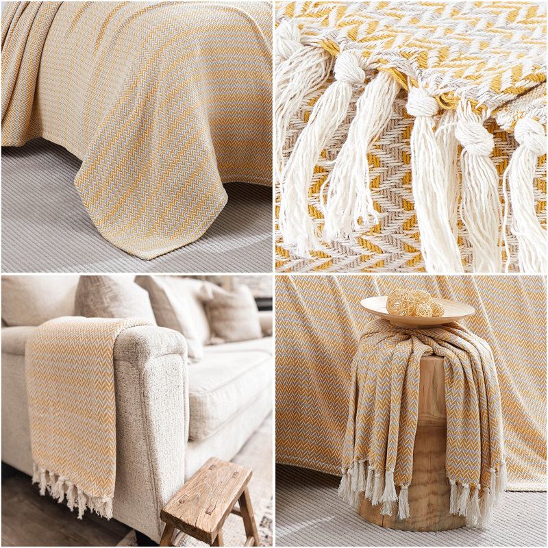 Couverture tissée à chevrons 100% coton Southdad Agadir avec frange décorative à pampilles, Lit simple, Or