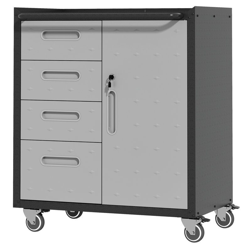 Garrett Heavy-duty Mobile Tool Cabinet With 4 Side Drawers & Locking Door, 29.5-inch Wide Rolling Steel Storage Organizer For Garage And Workshop, Black/gray