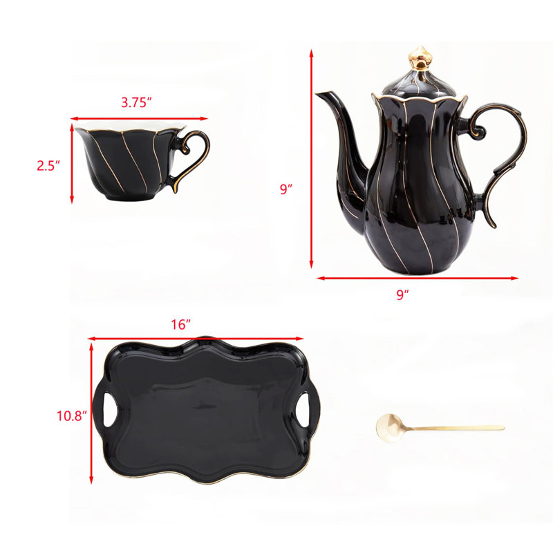 Luxury Black Porcelain Tea Set with Golden Trim, 14 Pieces