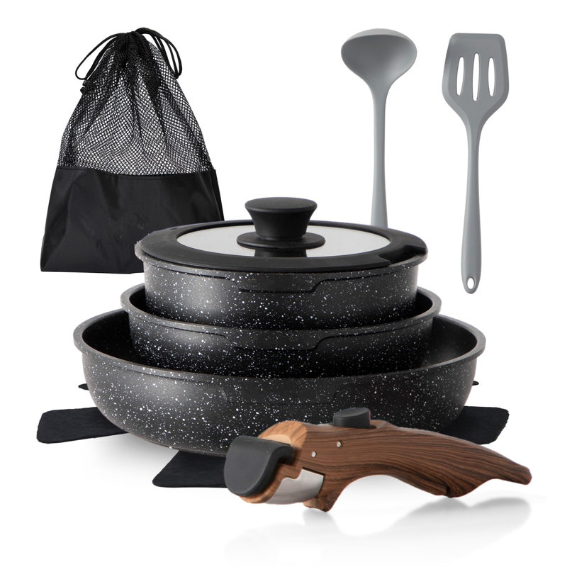 10-Piece Black Nonstick Stainless Steel Cookware Set with Detachable Handle