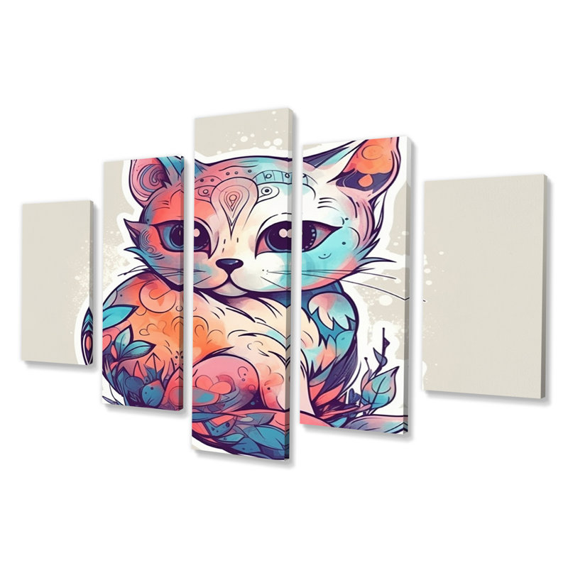 Illustration de chat chaton rose mignon III - animaux, reproduction sur toile - 5 panneaux