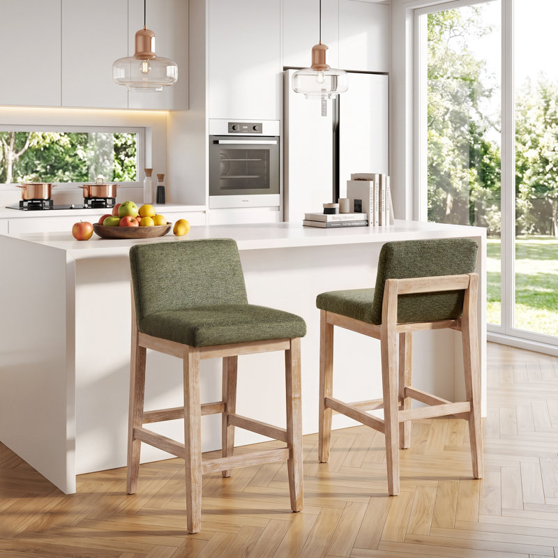 Tabouret de comptoir rembourré en lin massif à dossier ergonomique Howard, Vert / rustique