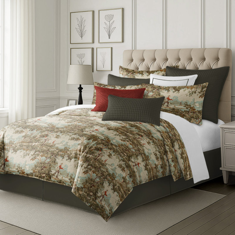Greenwood Ivory/Red Linen Duvet Cover Set, California King Duvet + 2 King Shams