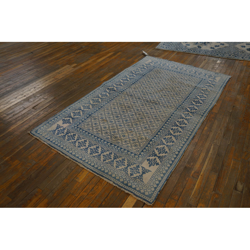 Small Allover Geometric White Blue Color Antique Cotton Pile Indian Agra Rug