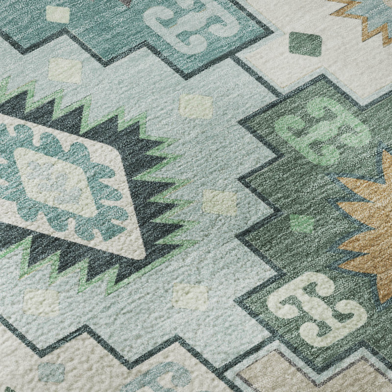 Premium Machine Washable Mayfield  Ethnic Rug, Teal, 9' x 12'