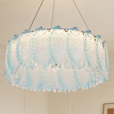 Modern Aqua Blue Striped Glass Crystal Chandelier With Built-In Led Light Source