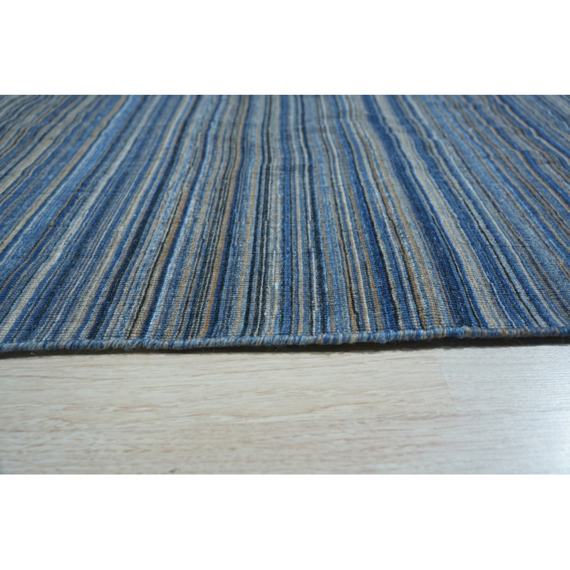5x8 Blue Hand-Knotted Wool Horizon Stripe Geometric Modern Contemporary Carpet Rug