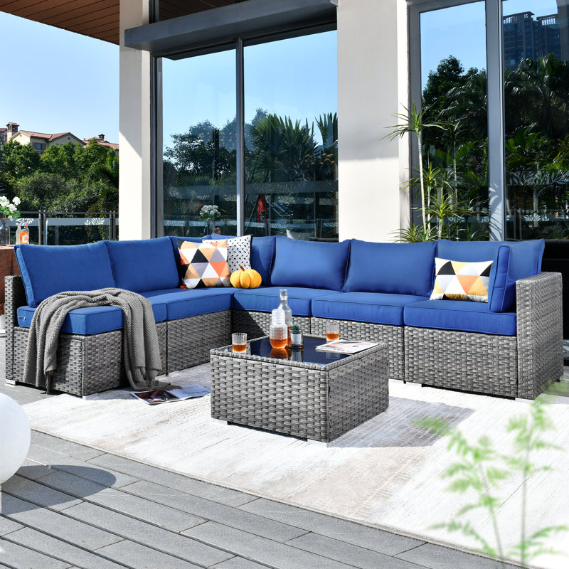 Lava 7 Piece Rattan Sectional Seating Group With Cushions, Navy Blue