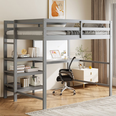 Lit mezzanine simple en bois avec bureau, tablettes et tableau d'écriture - Gris