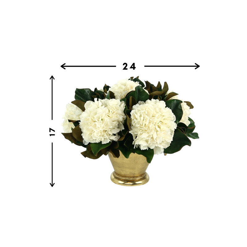 Hydrangea and Magnolia Leaf Arrangement in a Metal Vase