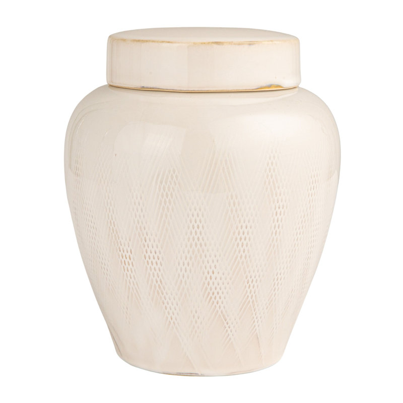 Decorative Debossed Stoneware Ginger Jar With Pattern, Lid And Reactive Glaze, White