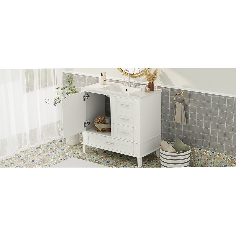 Meuble-lavabo moderne 36 po avec cadre en pin massif, 1 porte à fermeture douce et 3 tiroirs, armoire de rangement moderne