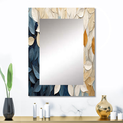 Beige et bleu minimalisme feuilles collage - feuilles grand miroir mural, miroir décoratif traditionnel, impression d'art en métal