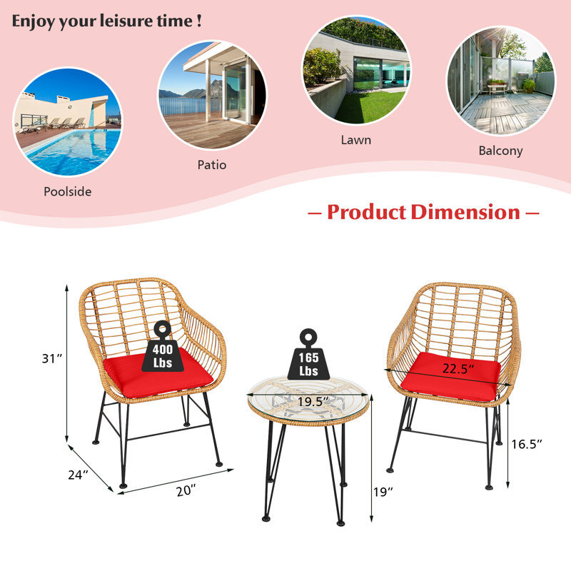 Ensemble de conversation en osier / rotin pour 2 personnes avec coussins Heider, Rouge