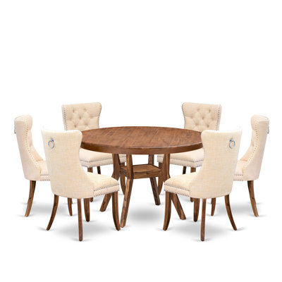 Ensemble de salle à manger 7 pièces moderne en tissu de polyester, 6 chaises de salle à manger rembourrées beige clair, des dossiers capitonnés et une table de cuisine ronde au fini noyer antique.