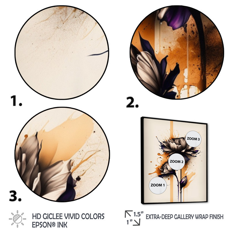 «Orange Dahlia Flower on Abstract Fusion II», reproduction sur toile, L 12 po x H 20 po, Cadre flottant noir