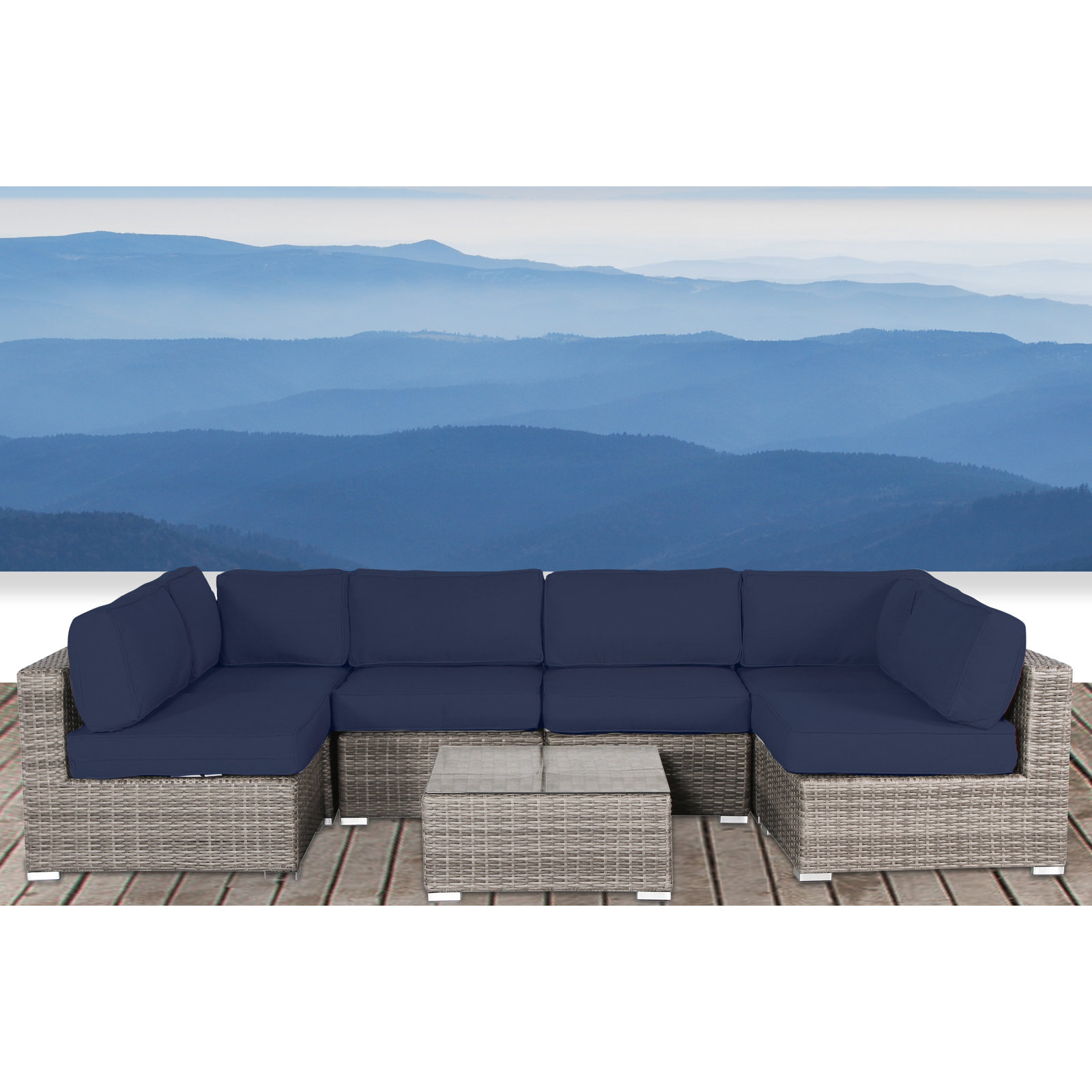 Tonioni Rattan Wicker Fully Assembled 6 - Person Seating Group with Sunbrella Cushions, Sunbrella Navy Blue