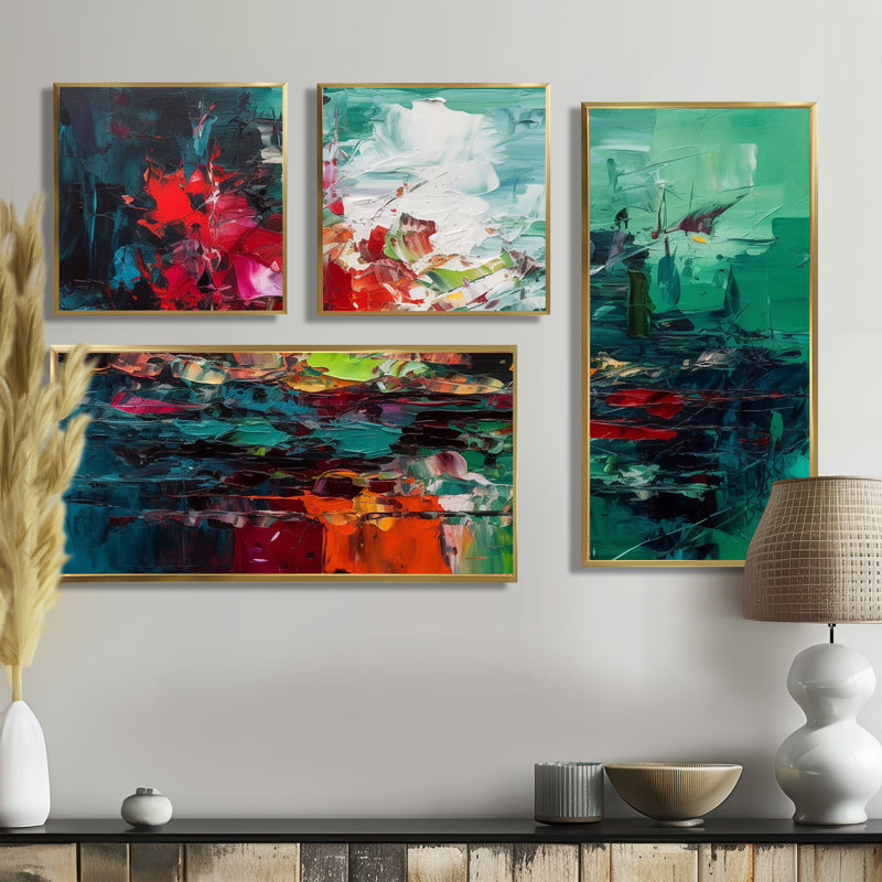 Rouge et vert de l'esprit I - impressions sur toile rouges 4 pièces, Impression encadrée sans passe-partout, Doré