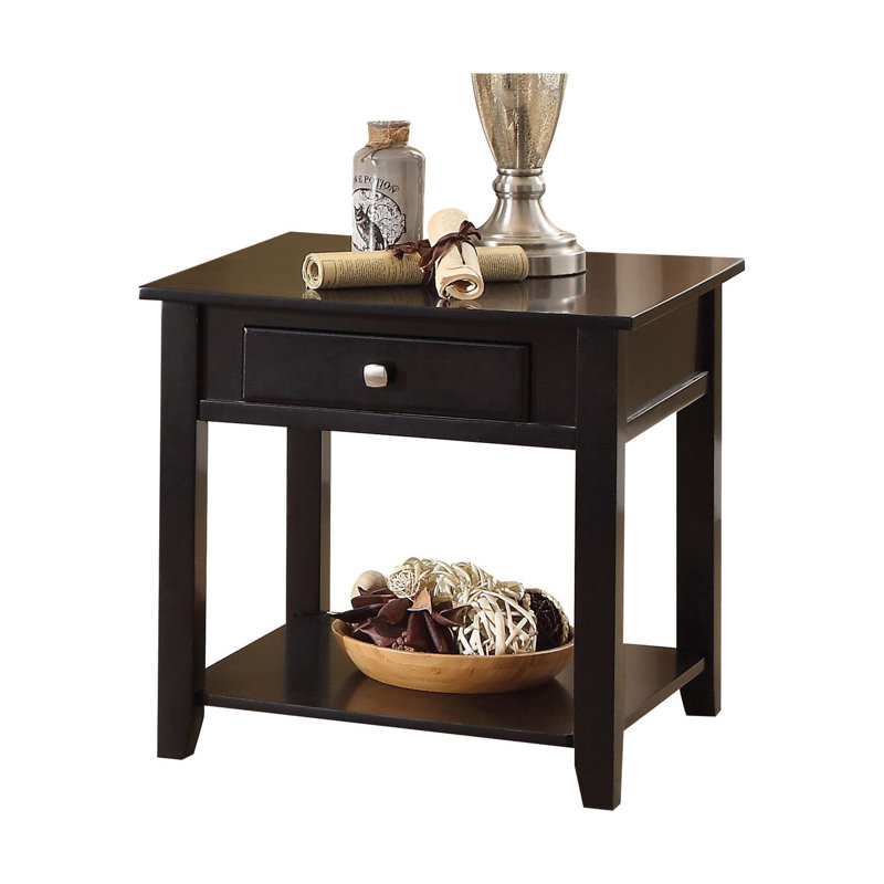 Black Wooden End Table with Drawer and Bottom Shelf