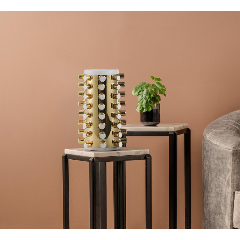 Aianna Handmade Ceramic Vase for Living Room Decoration,Gold & White Studded Modern Home Decor Accent Piece
