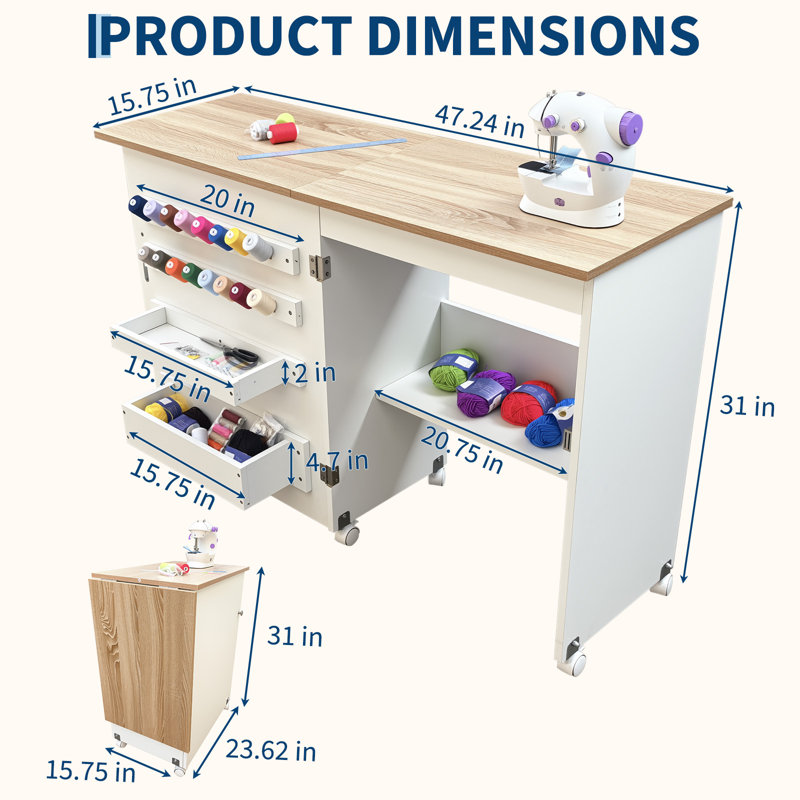 Table de couture pliante, table de machine à coudre compacte, station de travail polyvalente et bureau d'appoint avec roues verrouillables, tablettes de rangement, plateaux de rangement, chevilles, verrous magnétiques