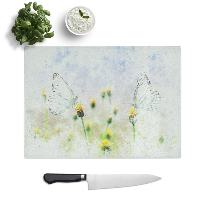 Tempered Glass Two Butterflies upon Flowers Watercolour Chopping Board, 28.5 cm x 39 cm