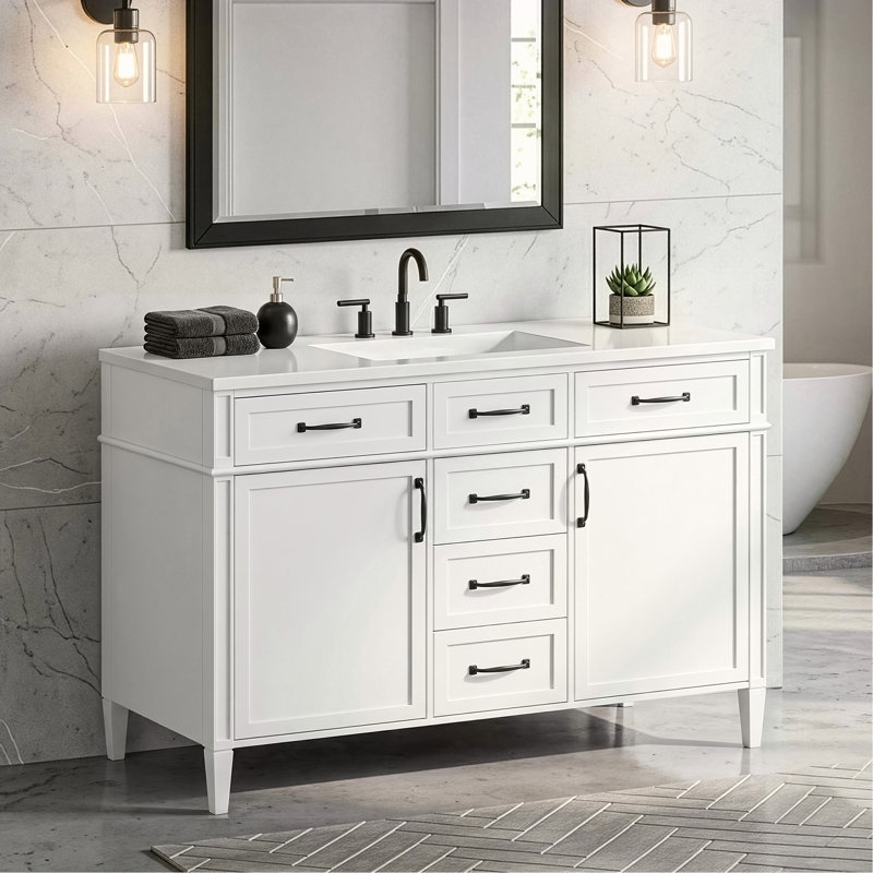 Meuble-lavabo autoportant 48 po avec 4 tiroirs, 2 portes, tablettes réglables et poignées noires, White