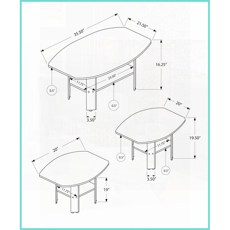 Grey Laminate 3-Piece Coffee Table &amp; End Table Set for Living Room, Space-Saving with Lower Shelves