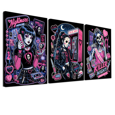 Ensemble de 3 toiles murales pour l'Halloween : Masque de hockey gothique et Reine squelette
