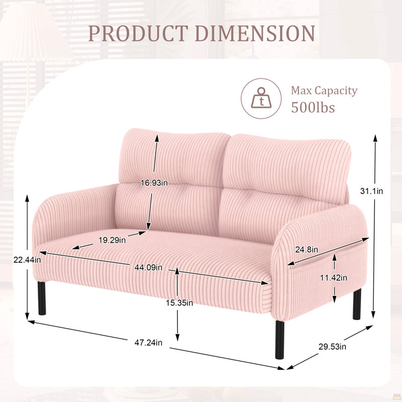 Tissu velours côtelé, canapé double monochrome, Rose