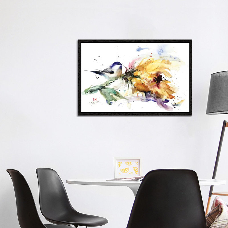 Chickadee And Sunflower by Dean Crouser - Painting on Canvas, 101.6 cm H x 66.04 cm W, Black Framed Canvas