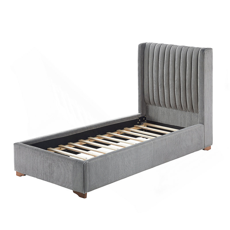 Lit plateforme tapissier moderne avec tête de lit à oreilles en velours côtelé, Lit simple, Gris foncé