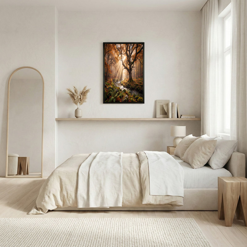 Toile dorée à travers un arbre antique sur un ruisseau moussu, art mural, H 36 po x l 48 po