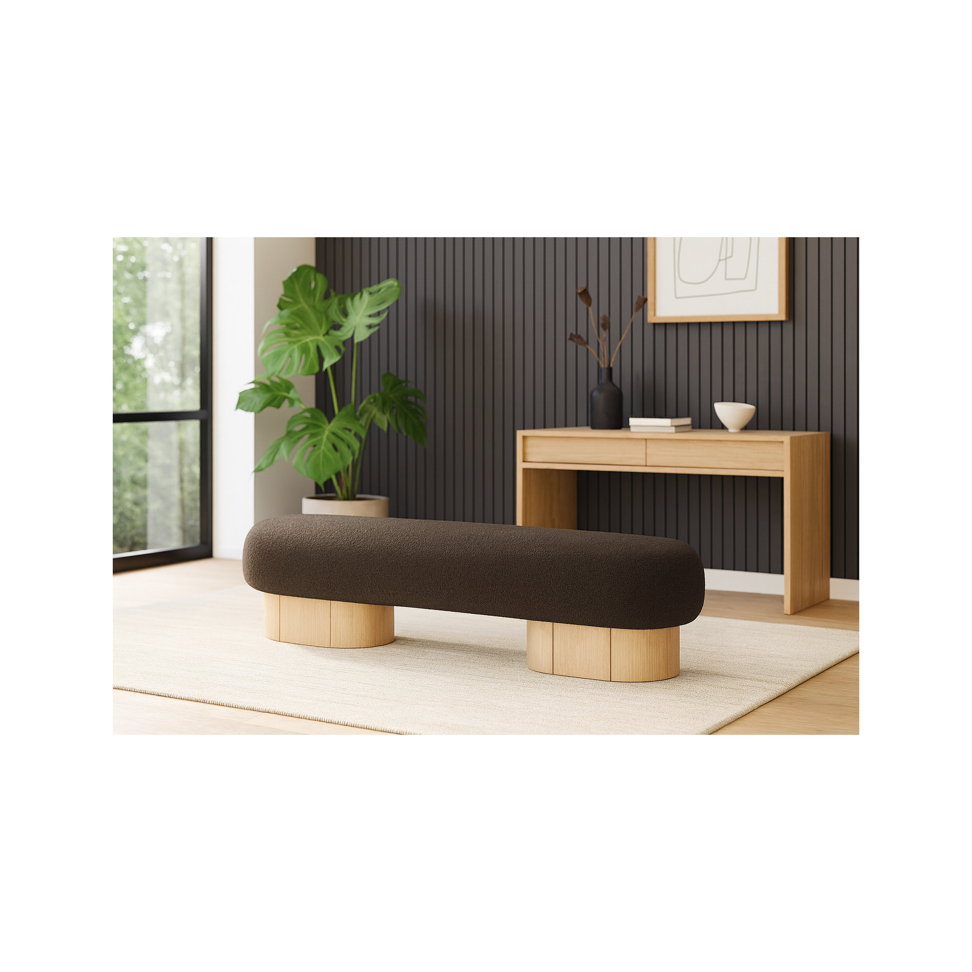 Denyer Boucle Fabric Upholstered Bench, Light Oak, Brown