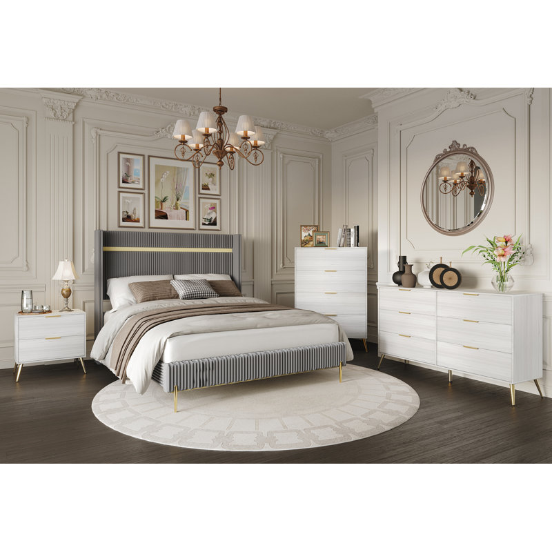 Anaika Corduroy 4-pieces Bedroom Set, Gray/Light Gray, Queen