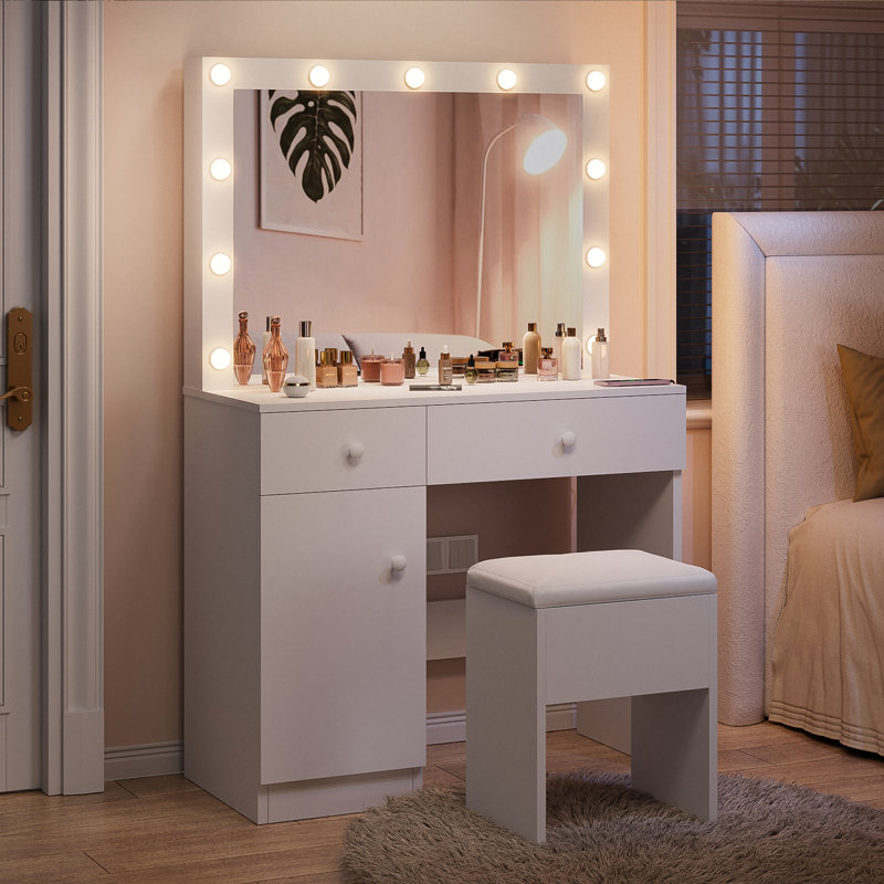 Meuble-lavabo avec miroir éclairé, 2 tiroirs, armoire et prises de courant Carlno