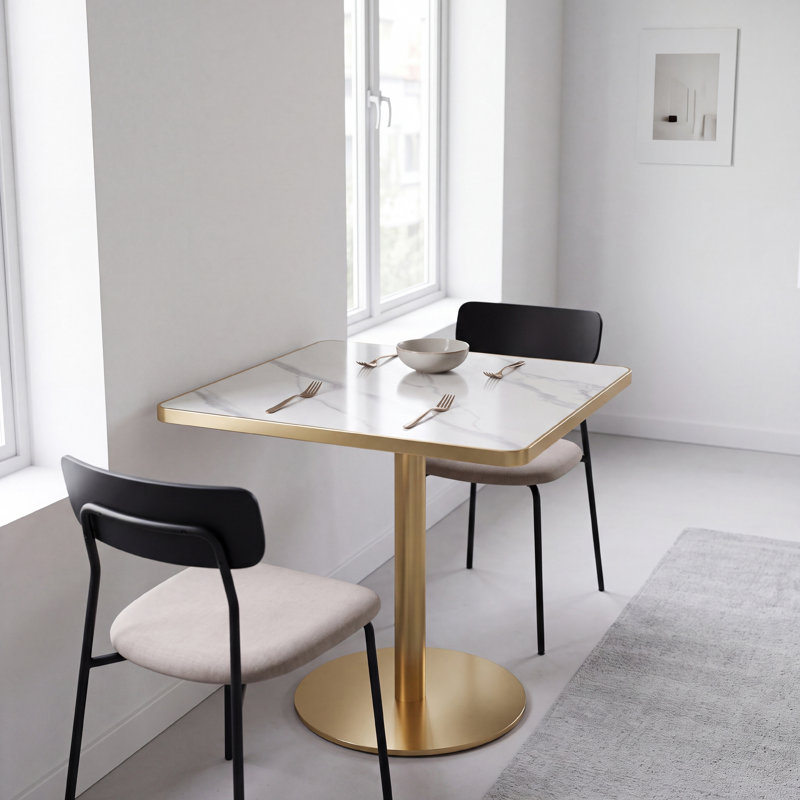 Table de salle à manger carrée en pierre frittée avec base dorée, Blanc gris