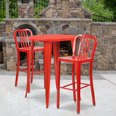 Drumfane 30'' Round Metal Indoor-Outdoor Bar Table Set with 2 Vertical Slat Back Stools