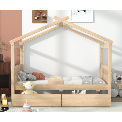 Solid Pine Wood House Bed With Drawers