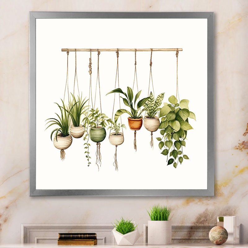 Plantes suspendues aquarelle botanique bohème, H 24 po x l 24 po x P 1 po, Cadre simple argenté