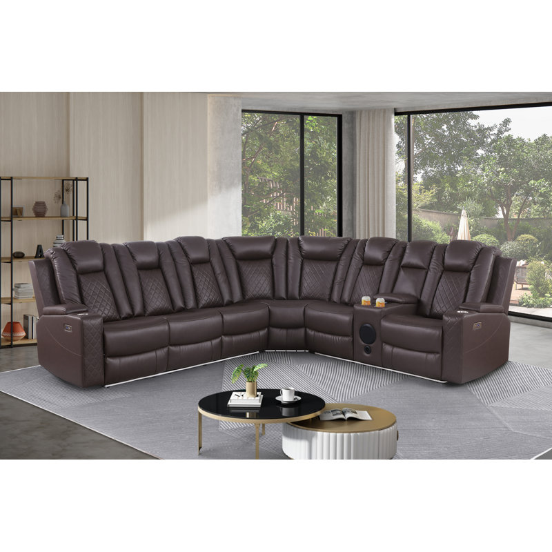 3-Piece Faux Leather Power Reclining Sectional with Bluetooth Speakers , Brown Faux Leather