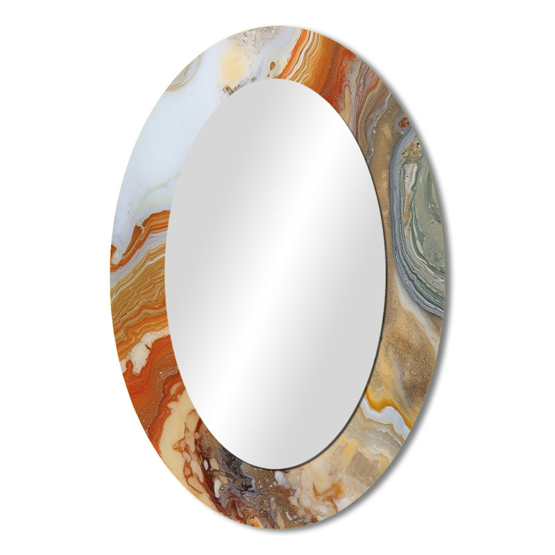 Orange Beige Aqua Symphony - Abstract Oval Decorative Mirror On Metal, 36" x 24"