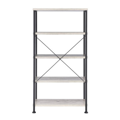 Bibliothèque à 4 tablettes avec cadre en métal noir et tablettes en bois flotté gris