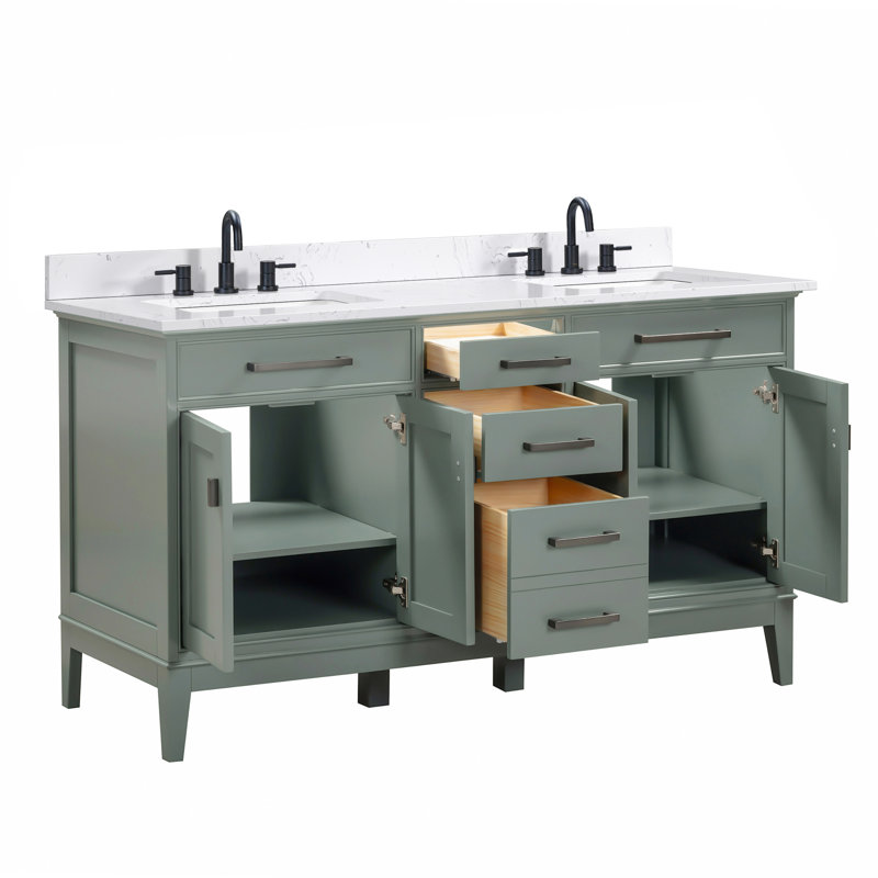 Meuble-lavabo double 60 po Anglet, Blanc cala, Vert fumée