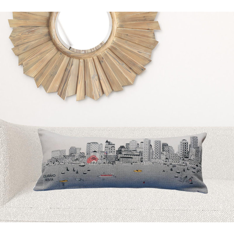  Coussin Boston Nighttime Skyline, 14 po x 35 po, Crème