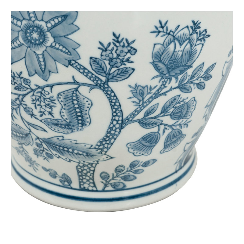 Vase en porcelaine bleue et blanche à motifs floraux, 9,1 po de diamètre x 11 po de hauteur
