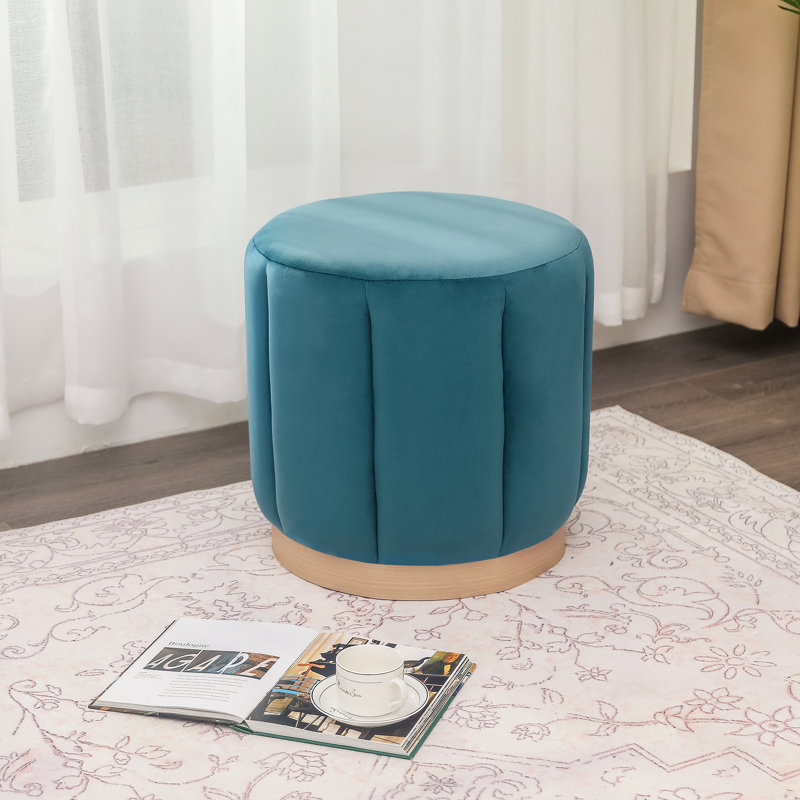 Round Upholstered Ottoman Stool, Blue Polyester