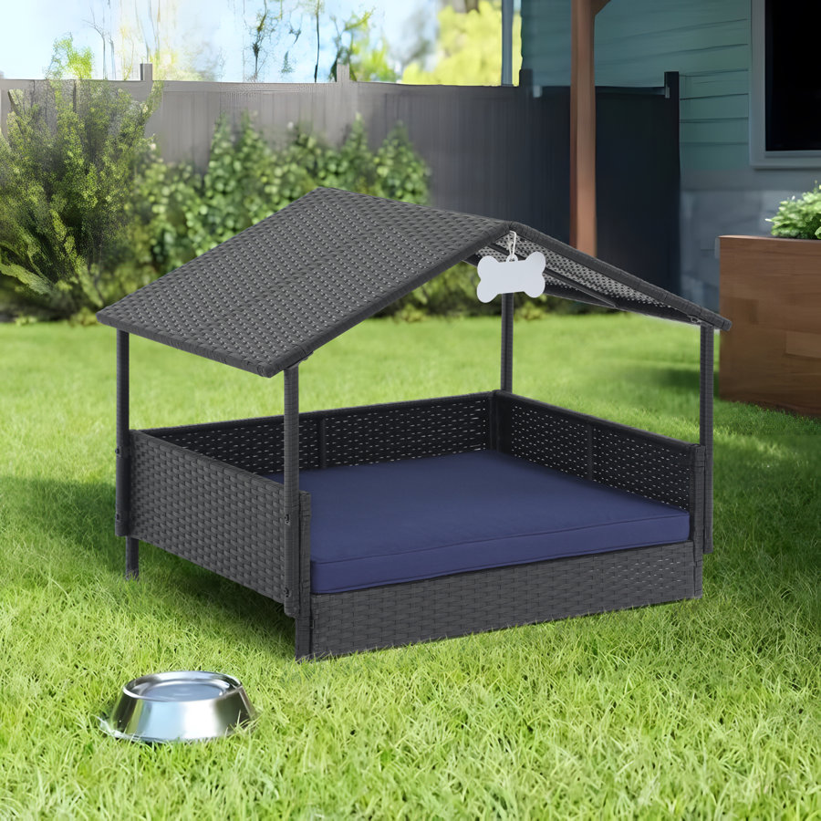 Outdoor Wicker Dog Sofa With Roof And Cushion
