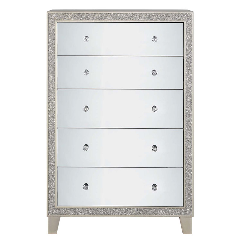 Commode 5 tiroirs Sliverfluff, finition miroir et champagne